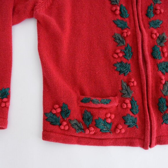 Vintage Dress Barn Christmas Holly Knit Zip Up Cardigan Sweater XL - Picture 8 of 10